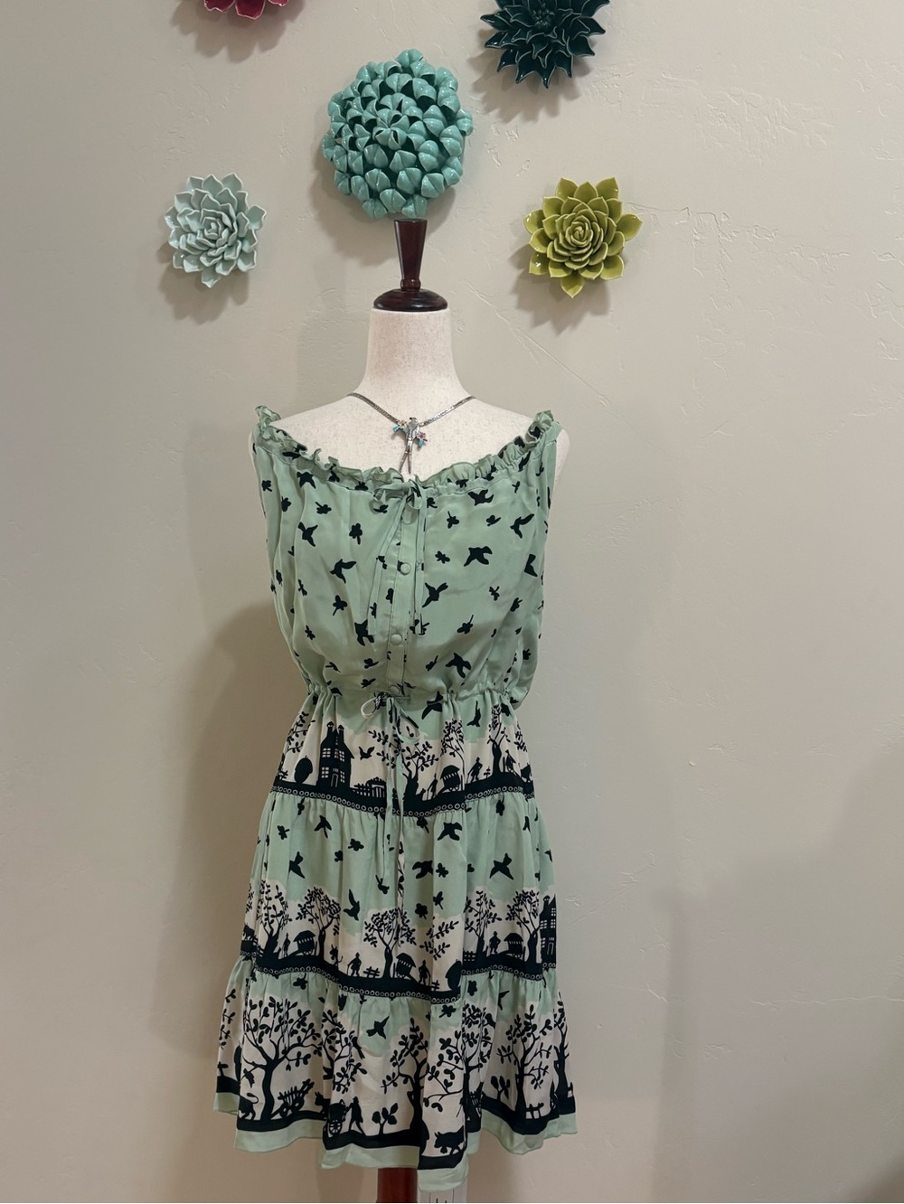 Htf Anthropologie Anna Sui 100% silk Mint Green Tiered Dress 10